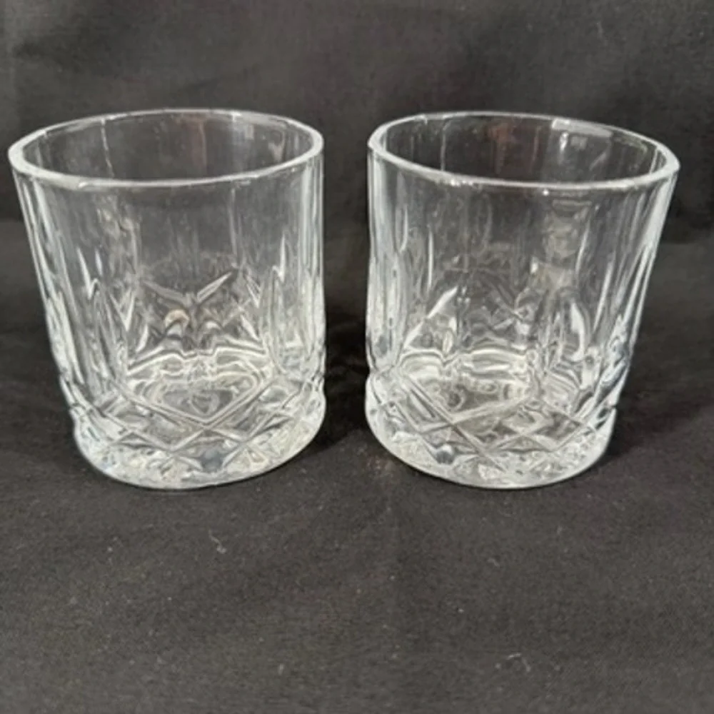 Jim Beam Black Whiskey Rocks Glasses Set of 2 Diamond Cut Clear Glass Lowball